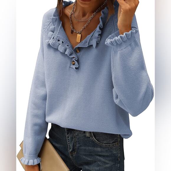 Soft tan ruffle neckline and cuffs tight knit pullover sweater neutral L - Picture 10 of 10